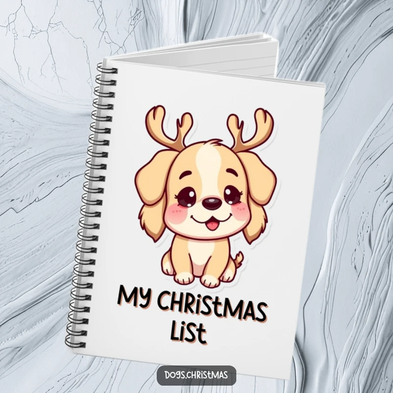 Funny Notebook: A dog character wearing reindeer antlers, looking playful and ready to record your thoughts.