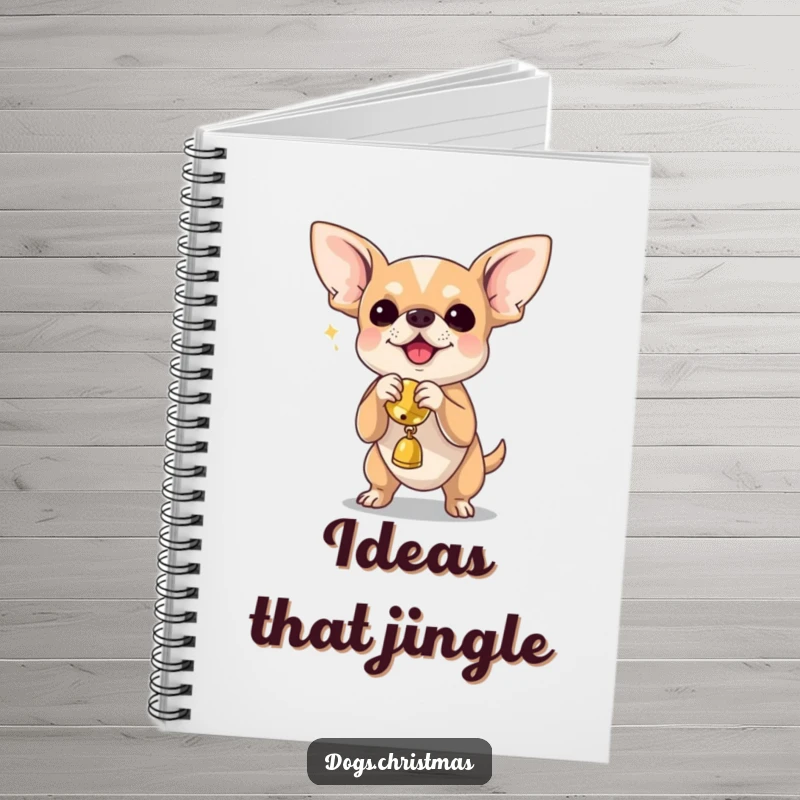 Funny chihuahua energetically shaking a jingle bell toy, a notebook for jotting down thoughts and laughter.