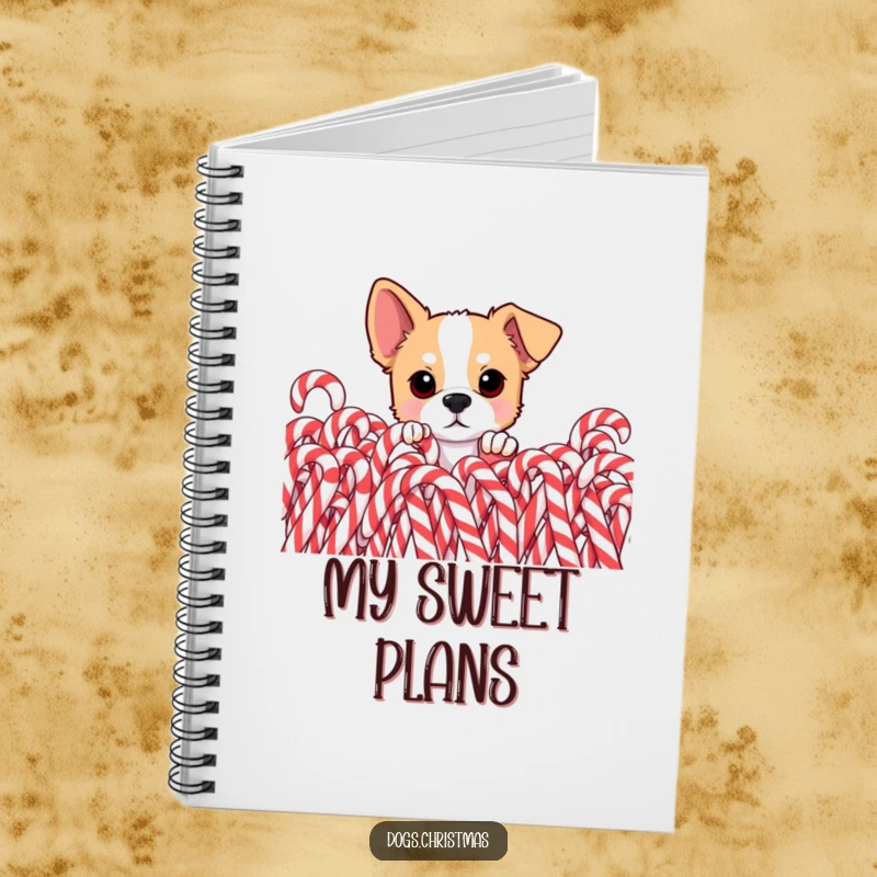 Funny dog notebook, curious pup peeking from behind pile of candy canes, eyes wide, perfect for holiday journaling and note-taking.