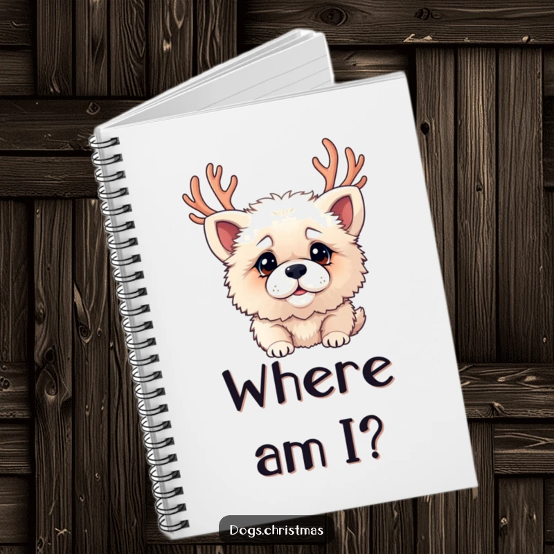 Funny notebook with a fluffy dog wearing antlers and a confused expression, great for holiday notes.