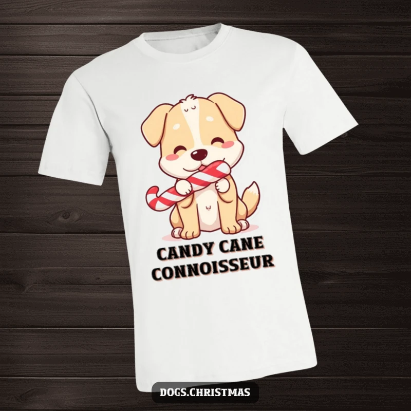 Funny T-Shirt: A playful dog character happily holding a candy cane in its mouth, its tail blurring with excitement.