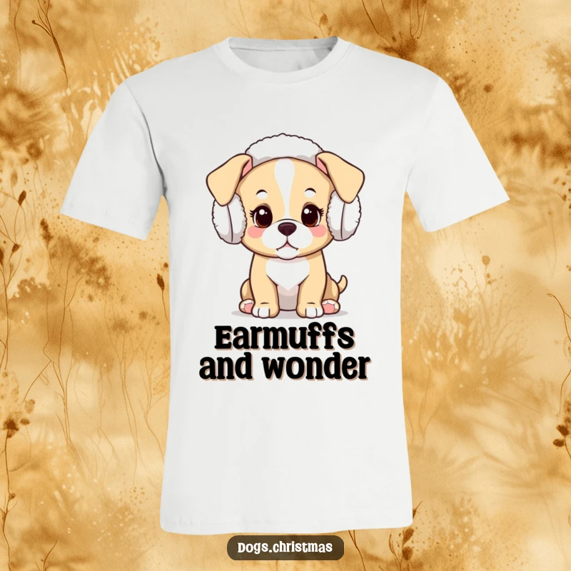 Funny Kawaii Puppy T-Shirt: A delightful illustration of a curious puppy sporting festive earmuffs, radiating cuteness.