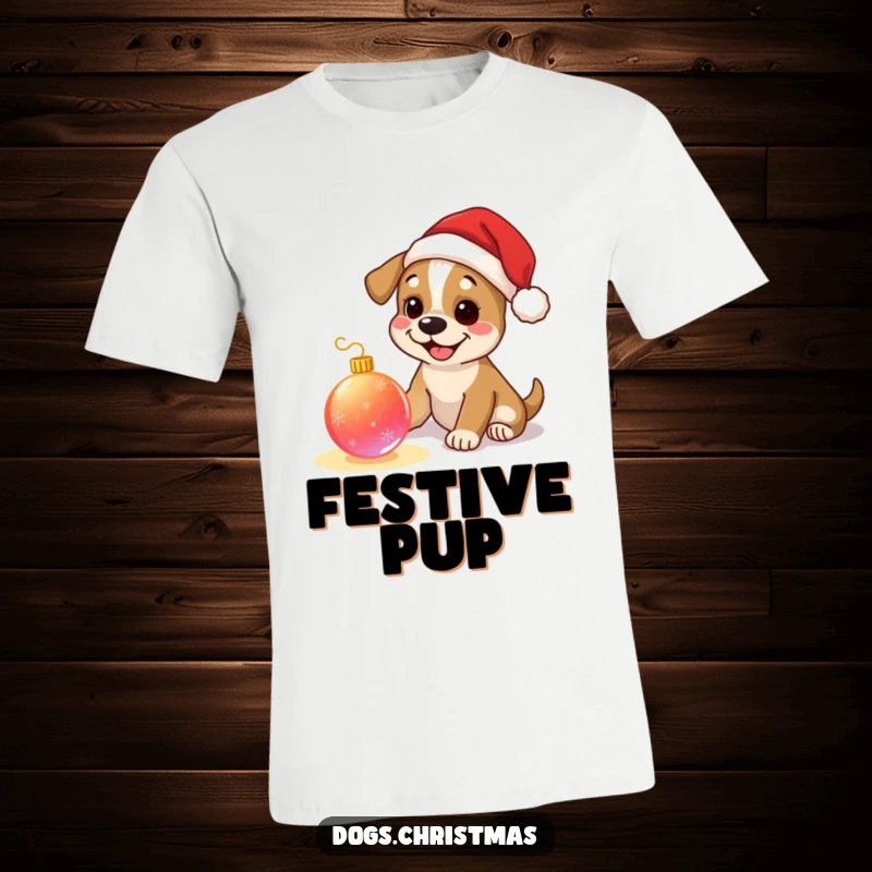 Funny dog t-shirt, happy pup wearing tiny Santa hat, playing with a glowing Christmas ornament, festive holiday theme.