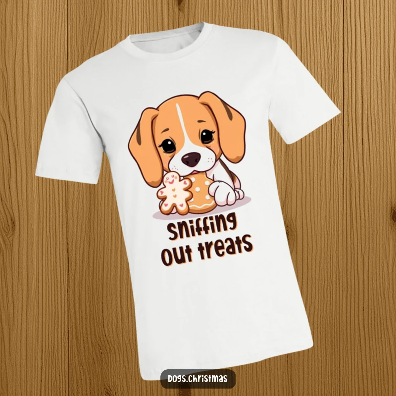 Funny Beagle T-Shirt: A beagle intensely sniffs a gingerbread cookie, eyes focused, embodying the humorous pursuit of tasty treats.