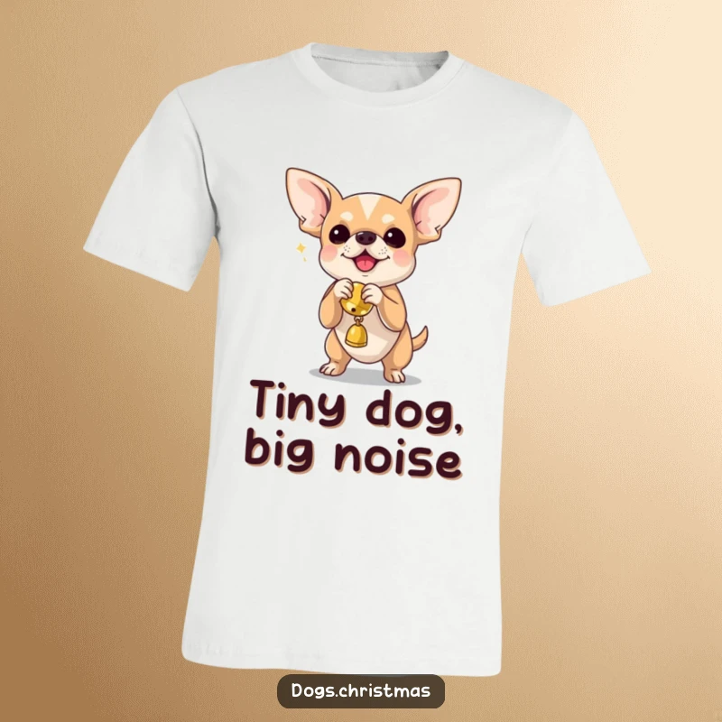 Funny chihuahua enthusiastically shaking a jingle bell toy, printed on a comfortable tee for dog lovers.