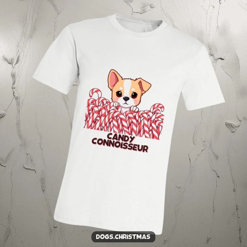 Funny dog t-shirt, curious dog peeking from behind pile of candy canes, eyes wide with wonder, conveying sweet holiday mischief.