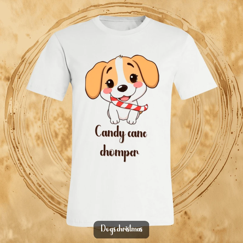 Funny Dog Candy Cane T-Shirt showing a playful, grinning dog holding a candy cane, festive and fun.