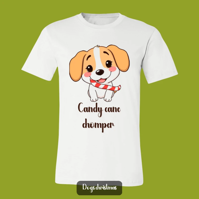 Funny Dog Candy Cane T-Shirt: Playful Pup Grinning with Festive Holiday Treat Design
