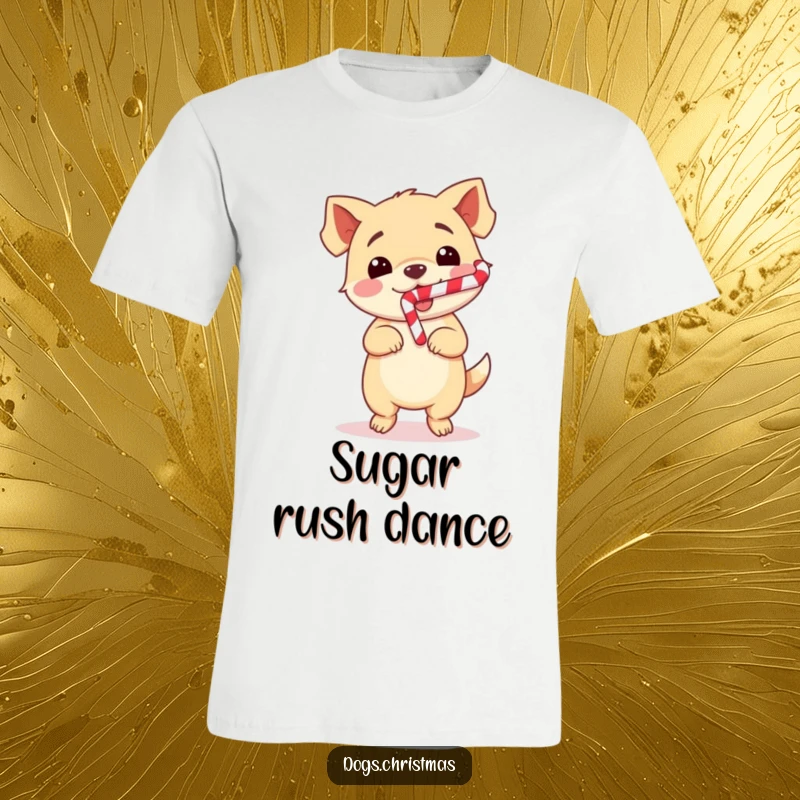 Funny Dog T-Shirt with a cute kawaii dog doing a happy dance with a candy cane in its mouth, perfect for holiday fun.
