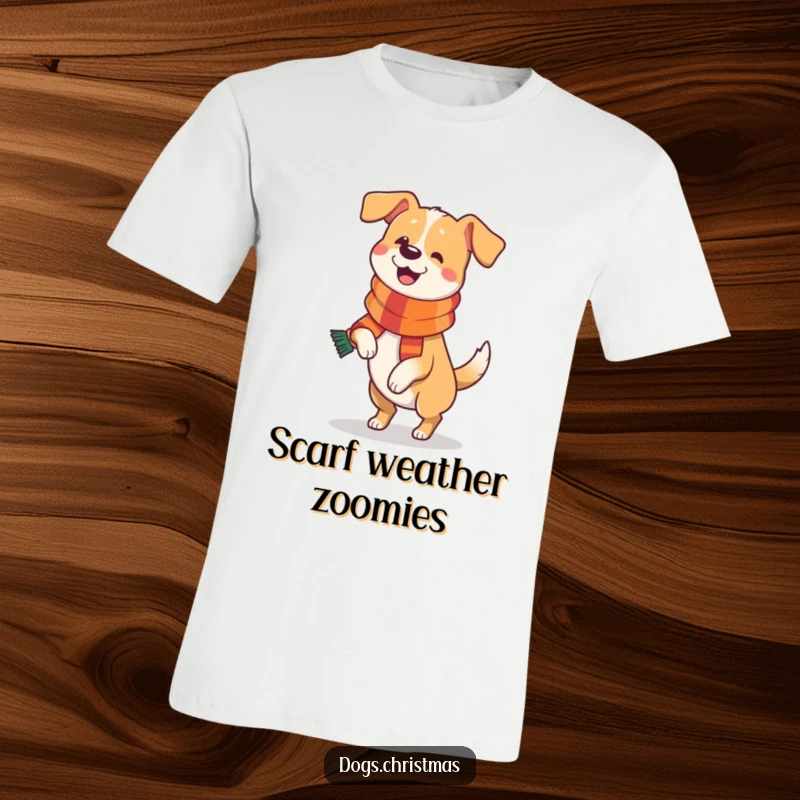Funny Dog T-Shirt: A joyful dog wearing a festive scarf performs a happy prance, radiating pure holiday excitement.