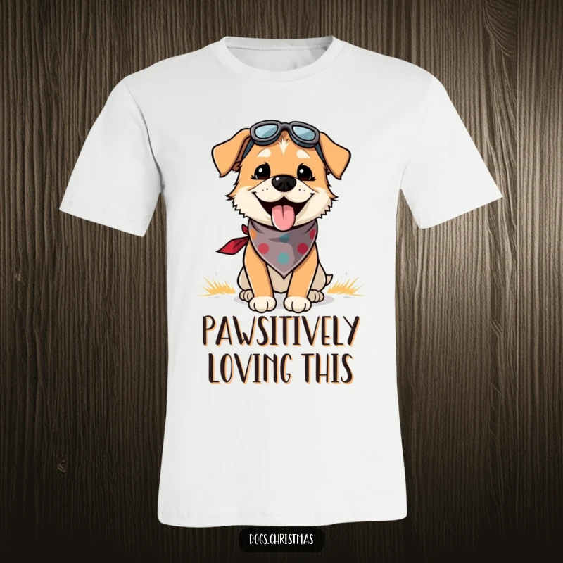 Funny t-shirt with a cheerful dog in a bandana, panting with pure joy during an outdoor escapade, great for dog enthusiasts.
