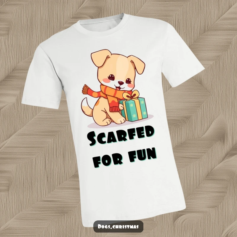 Funny kawaii dog in a scarf playing with a present, festive t-shirt, holiday graphic, ideal funny gift.