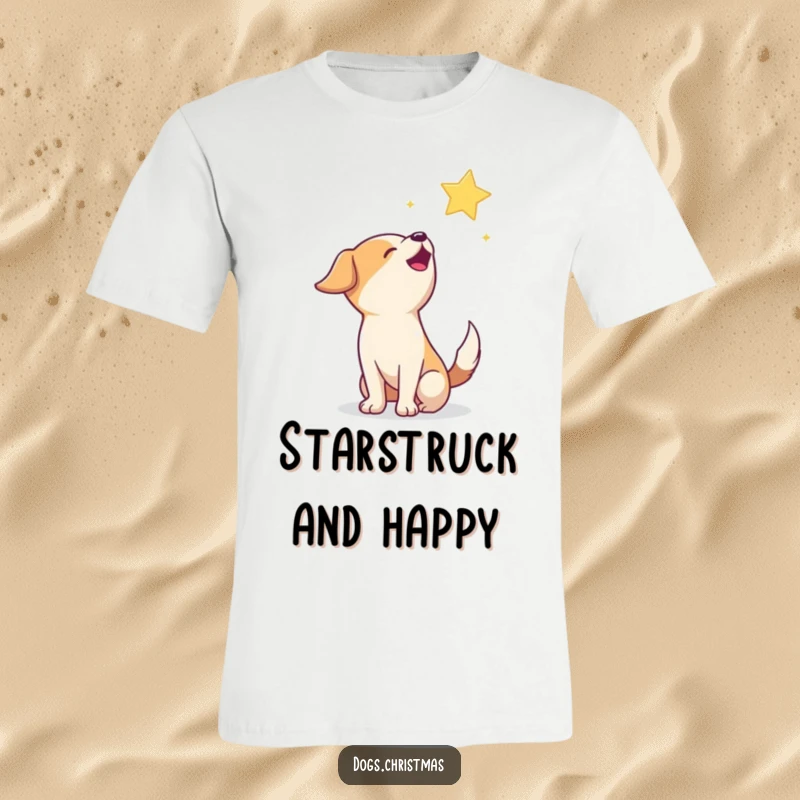 Funny Howling Dog T-Shirt: An illustration of a happy dog howling at a twinkling star, evoking night-time wonder.