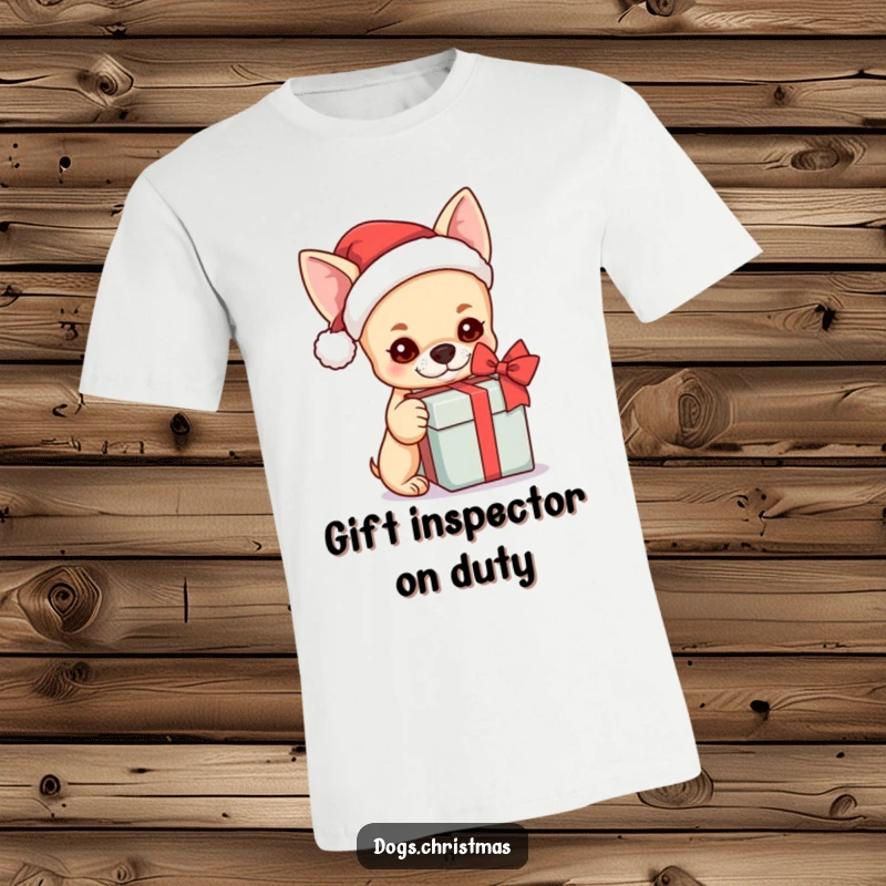 Funny kawaii chihuahua wearing a Santa hat, curiously shaking a gift box, with an eager expression.