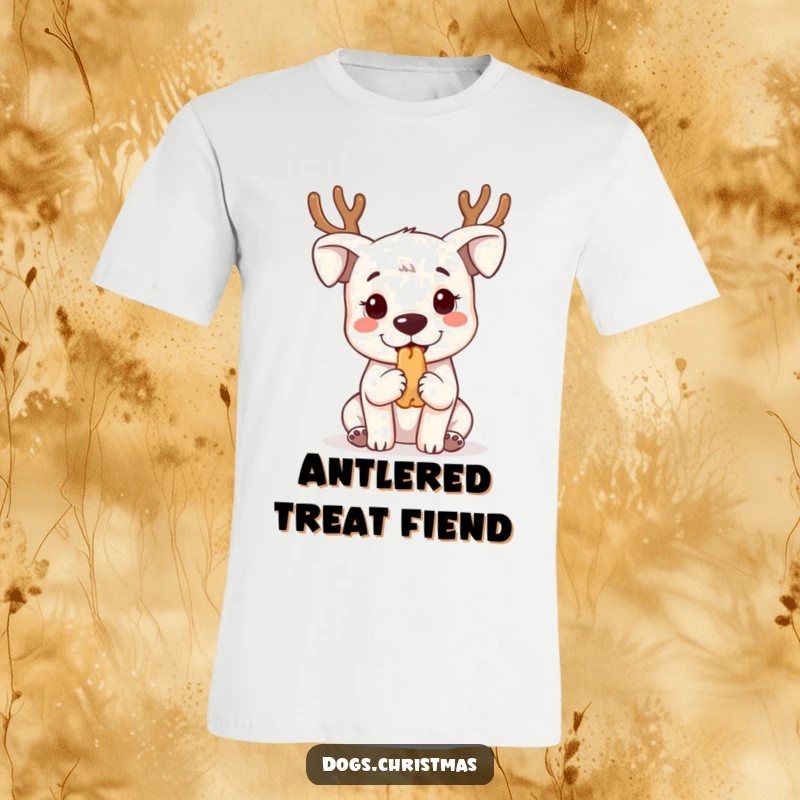 Funny kawaii dog wearing reindeer antlers, begging for treats, printed on a comfortable and stylish t-shirt.