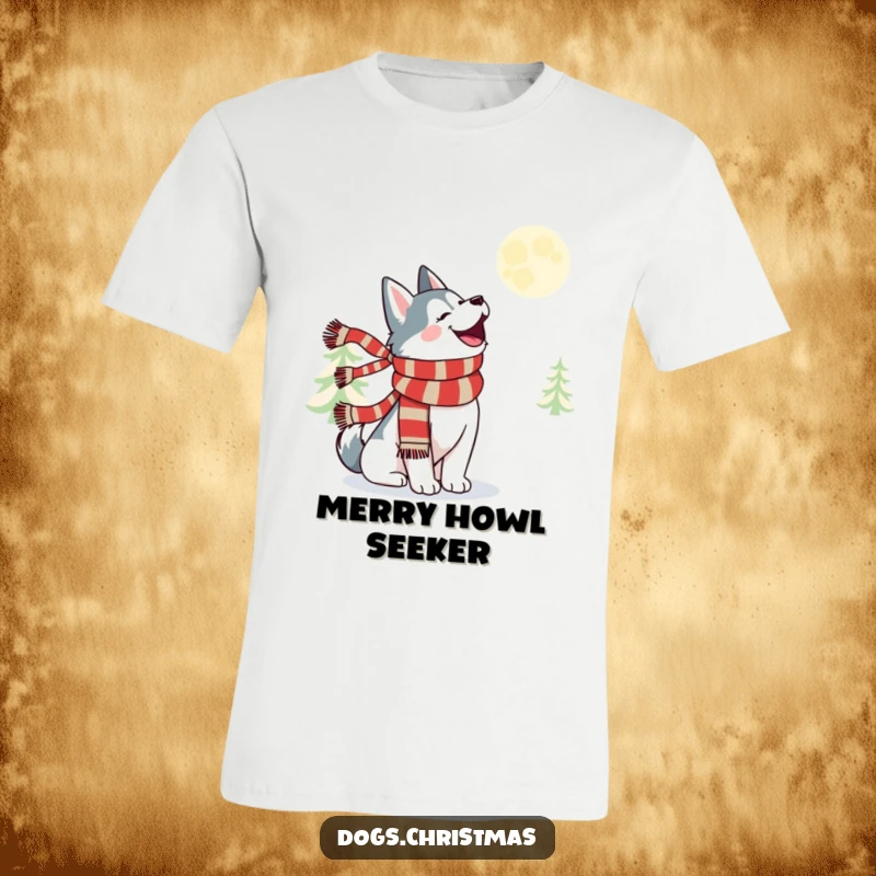 Funny kawaii husky in a festive scarf, merrily howling at the moon, a charming winter night scene.