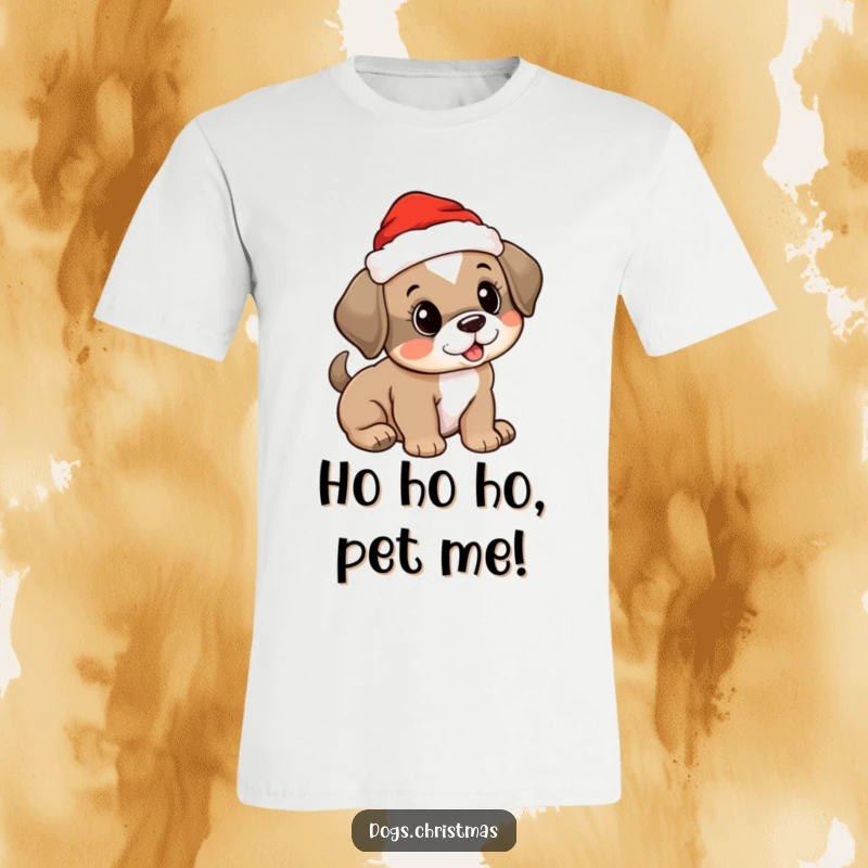 Funny t-shirt with a cute puppy wearing a tiny Santa hat and wagging its tail, showcasing holiday fun and doggy enthusiasm.
