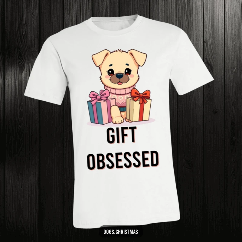 Funny Kawaii Dog T-Shirt: A dog wearing a festive sweater gazes at a present, radiating holiday joy and humor.