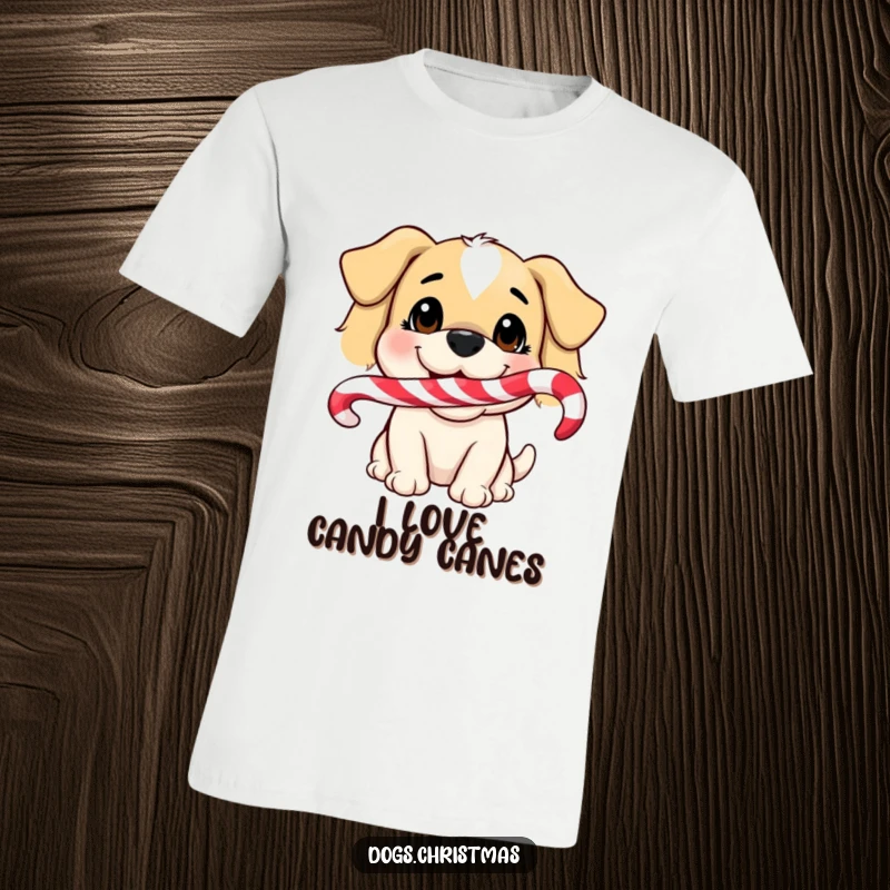 Funny Dog T-Shirt: A cheerful dog with a wide smile holds a candy cane in its mouth, radiating festive joy.