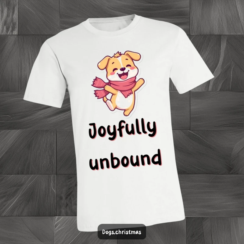 Funny dog t-shirt, happy character wearing a scarf, doing a joyful leap, energetic and fun apparel.