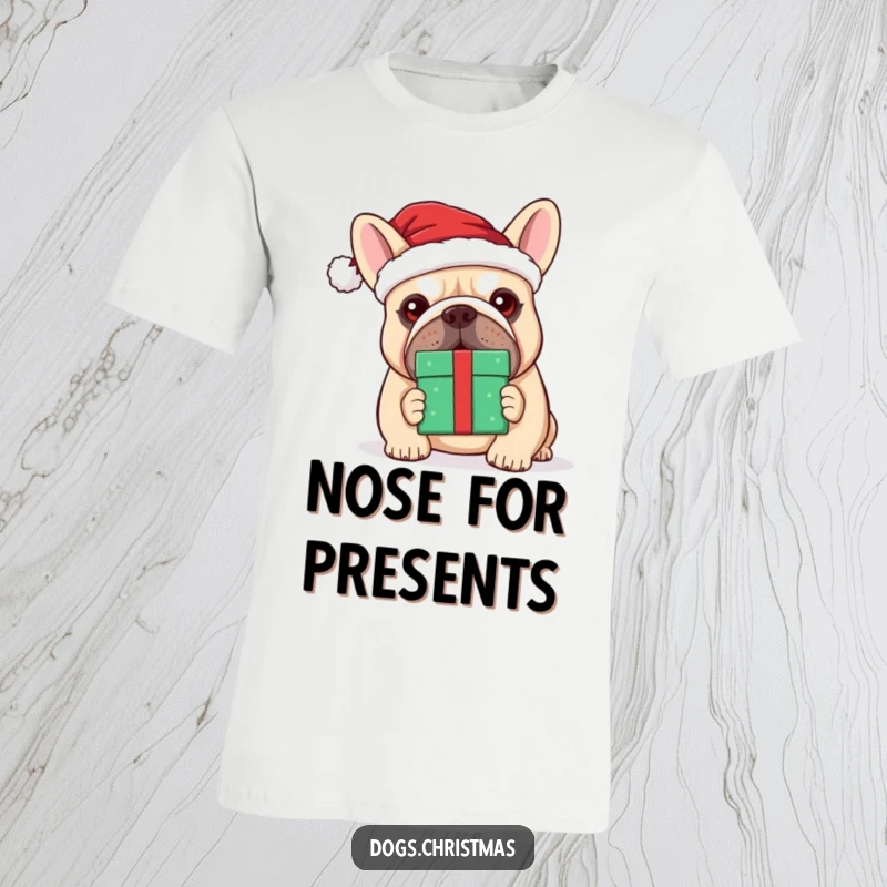 Funny kawaii bulldog in a Santa hat, humorously balancing a present on its nose, wearing a festive outfit.
