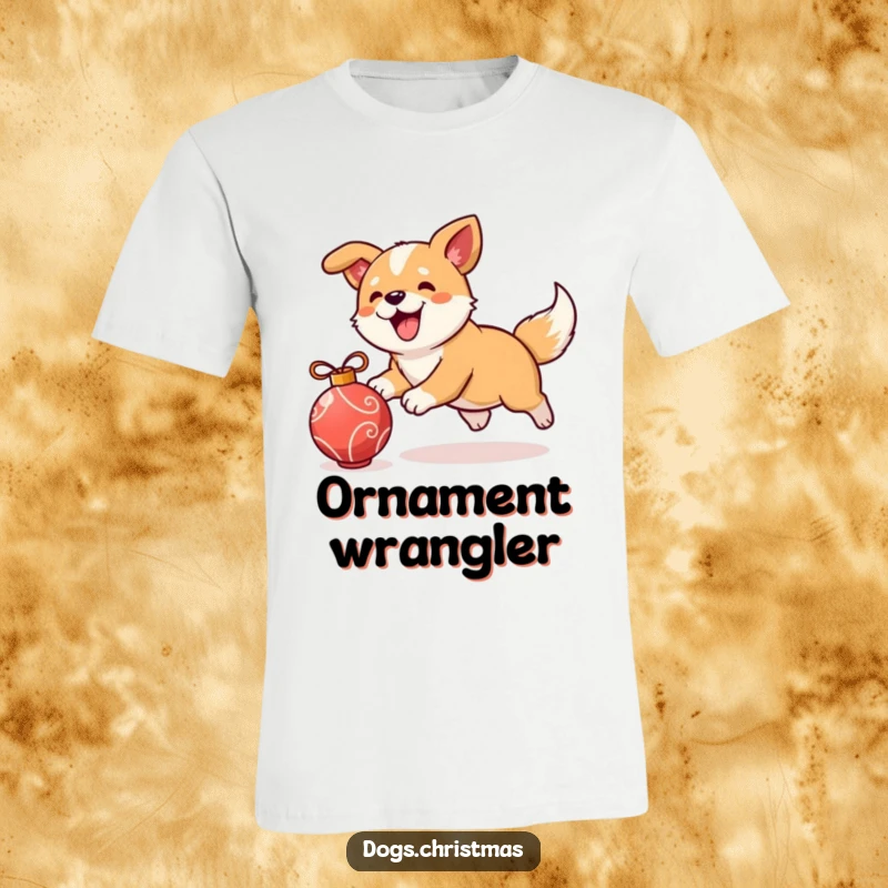 Funny kawaii dog chasing an ornament, playful bark t-shirt, festive holiday graphic, ideal funny gift.