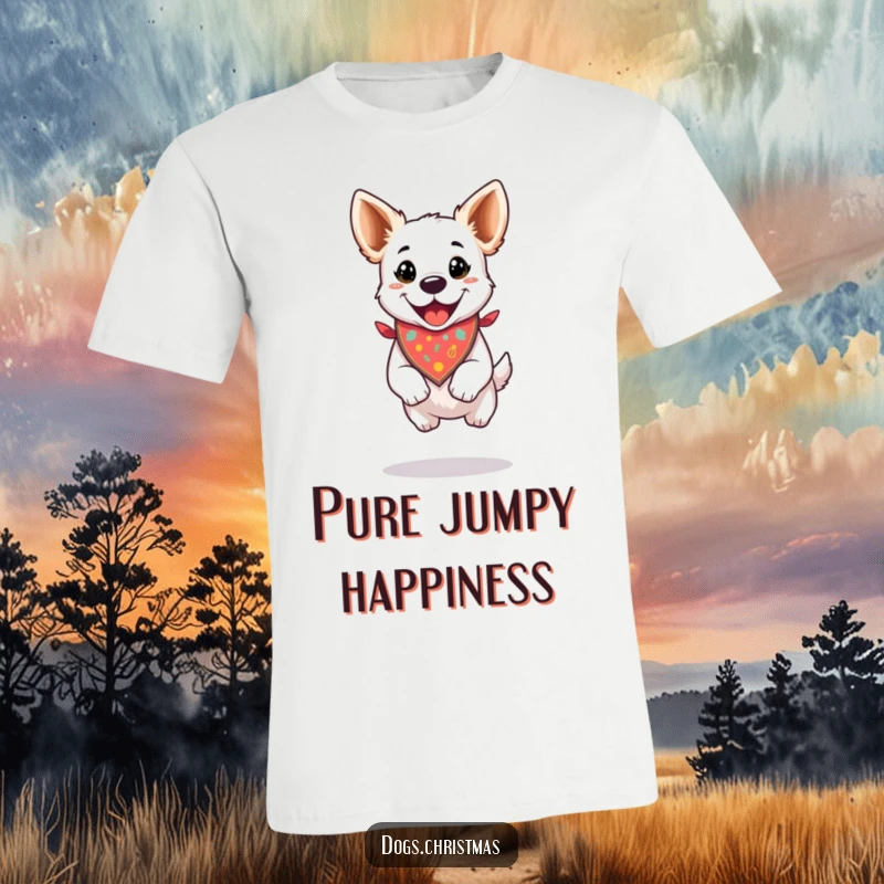 Funny t-shirt of a dog wearing a festive bandana, captured mid-air during a happy, energetic jump.
