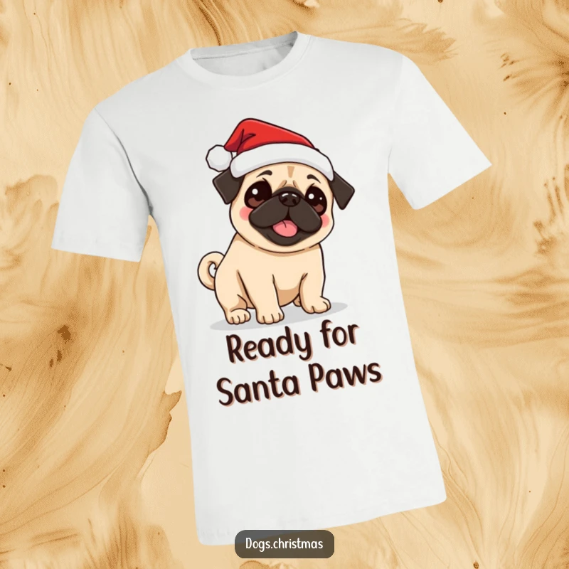 Funny Pug Santa T-Shirt showing a cute pug in a Santa hat, excitedly wagging its tail, perfect for Christmas.