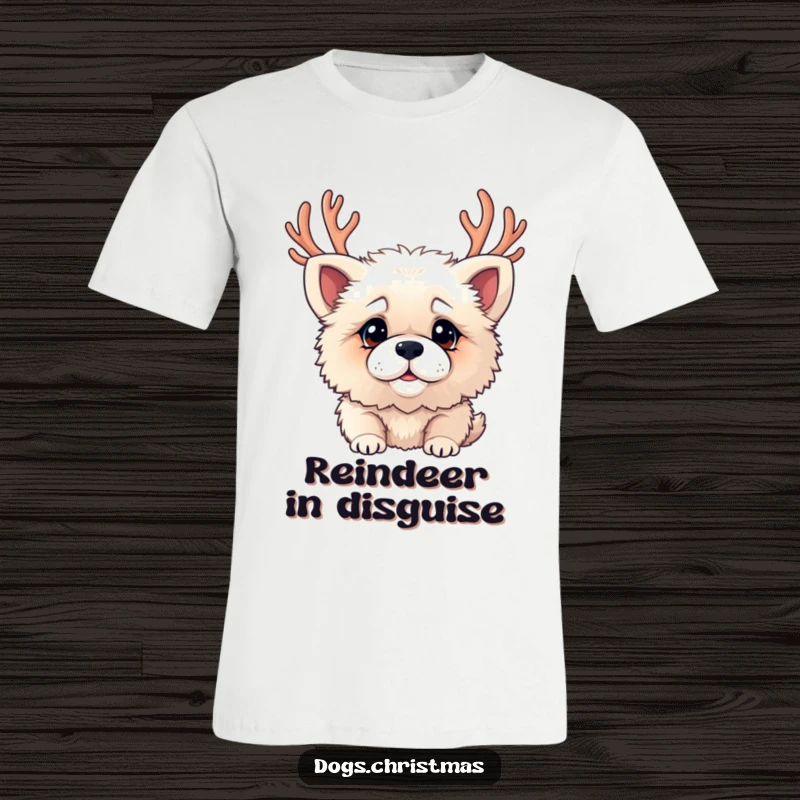 Funny t-shirt with a fluffy dog wearing antlers and a confused expression, capturing holiday bewilderment.