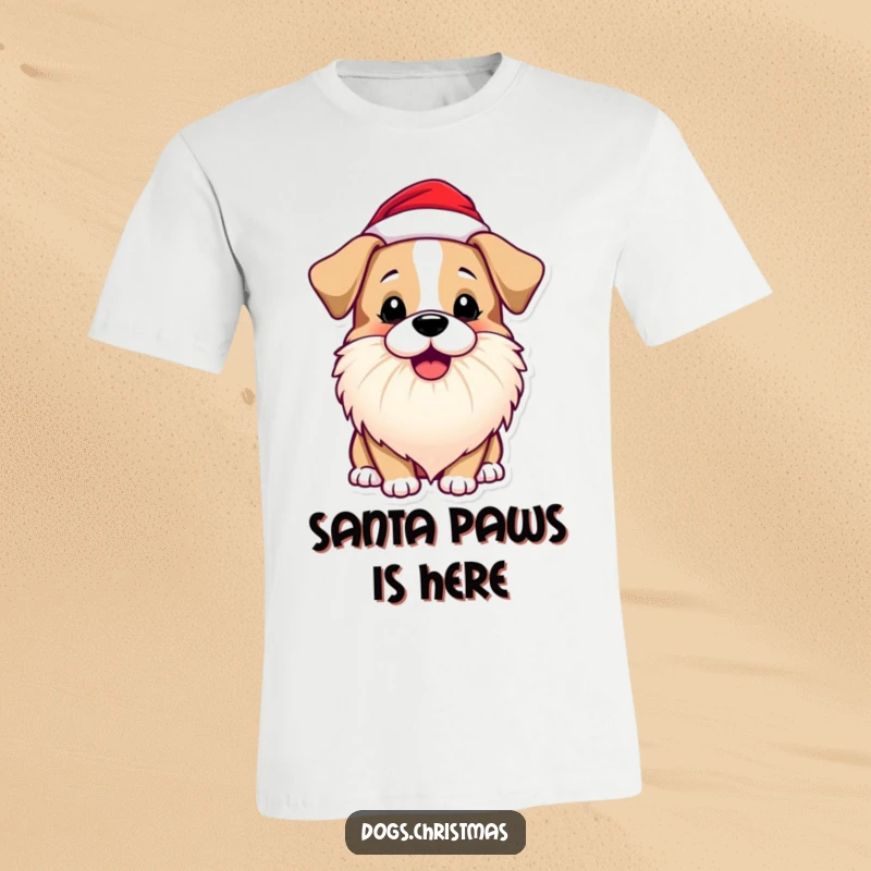 Funny Dog T-Shirt with a dog wearing a Santa beard and barking playfully, capturing festive doggy excitement.