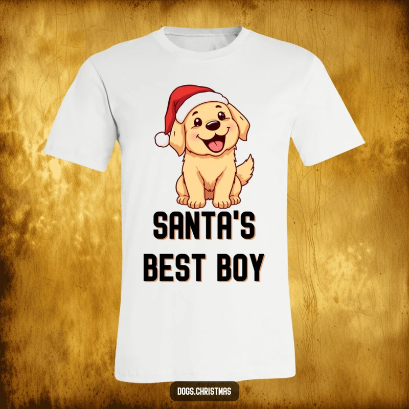 Funny, excited kawaii golden retriever in a Santa hat wagging its tail, mouth open, on a t-shirt.