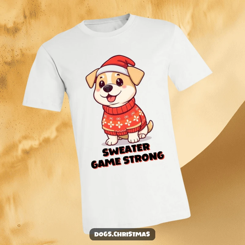 Funny Dog Christmas Sweater T-Shirt: A proud dog sports a silly Christmas sweater, radiating holiday cheer and humorous fashion.