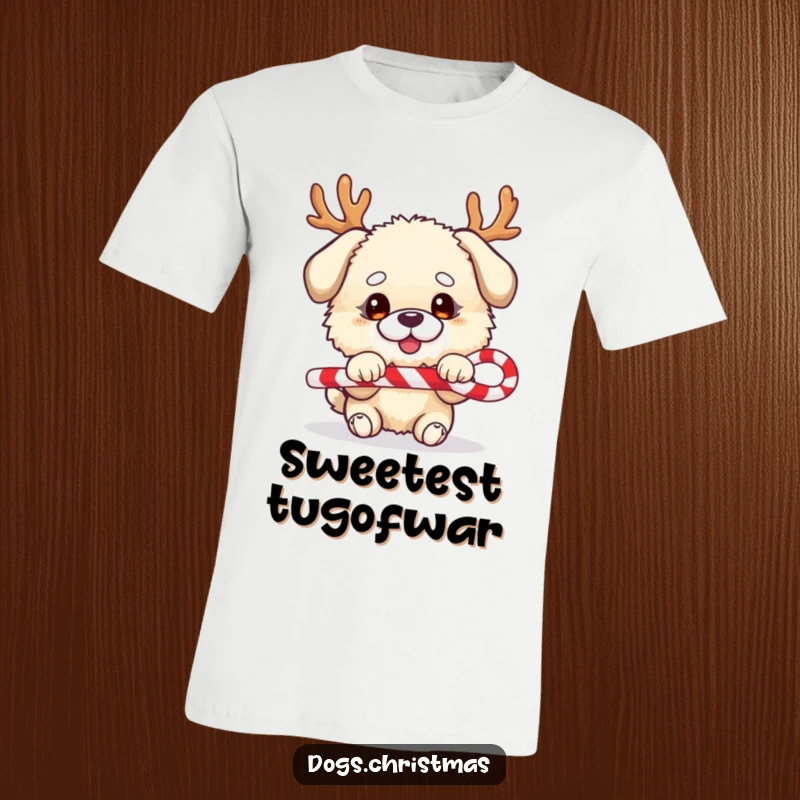 Funny dog t-shirt, fluffy character, festive antlers, tug-of-war with candy cane, humorous holiday apparel.