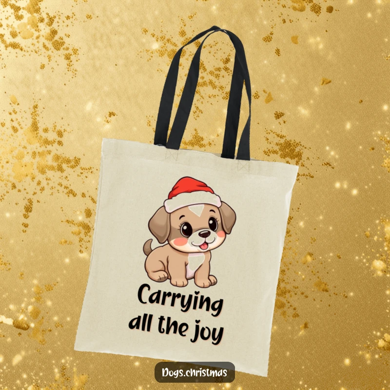 Funny tote bag featuring a cute puppy in a Santa hat, tail wagging joyfully, perfect for carrying holiday cheer.