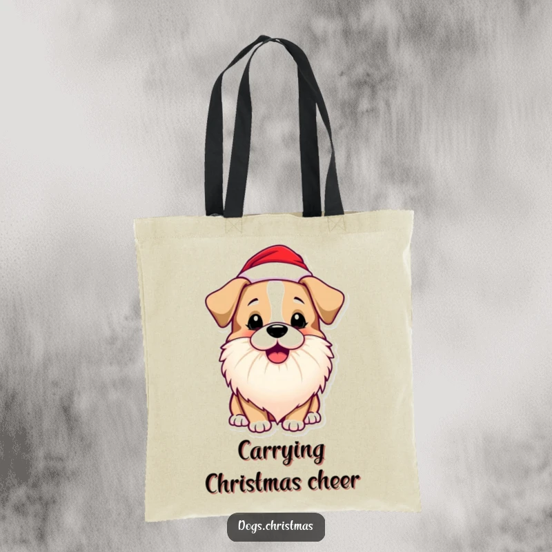 Funny Dog Tote Bag with a dog sporting a Santa beard and a playful bark, perfect for holiday shopping.