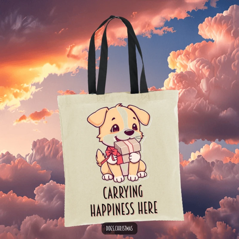 Funny Dog Tote Bag: A happy dog holds a present, tail wagging rapidly, a perfect accessory for carrying dog park essentials.