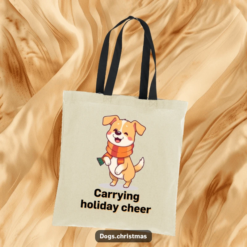 Funny Dog Tote Bag: A charming tote bag showing a happy dog wearing a festive scarf and doing a joyful prance.
