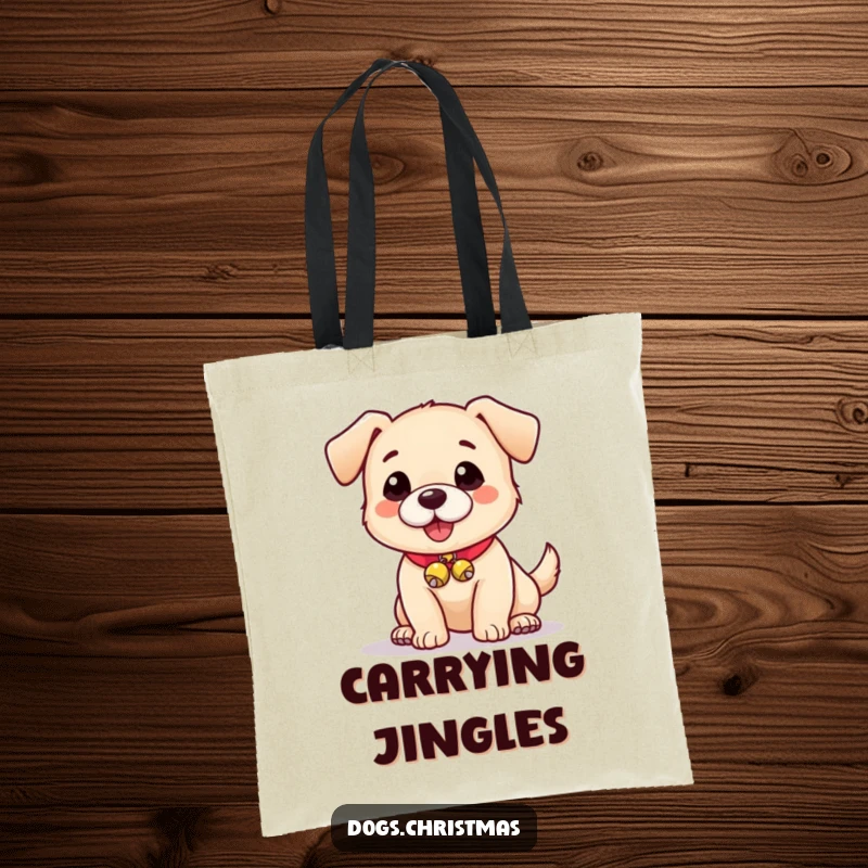 Funny tote bag with an adorable dog flaunting tiny jingle bells on its collar, a cute accessory.