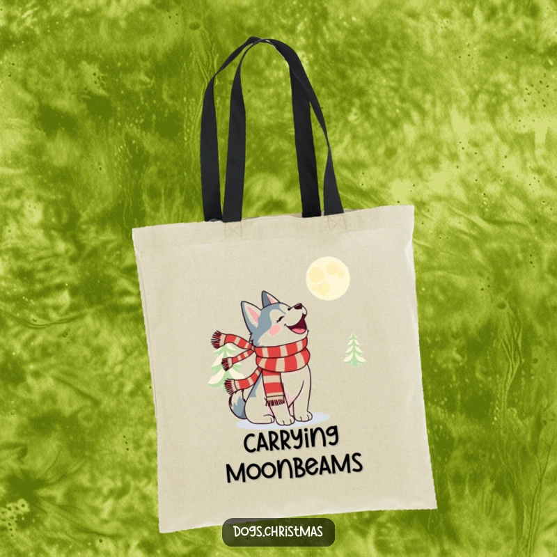 Funny kawaii husky in a festive scarf merrily howling at the moon, a charming tote for carrying items.
