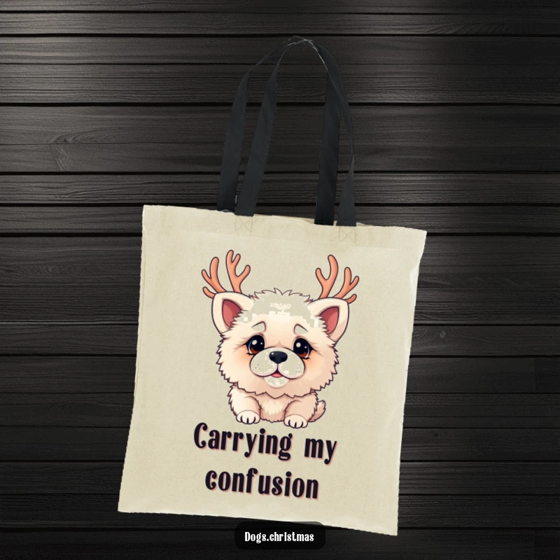 Funny tote bag featuring a fluffy dog wearing antlers and a confused expression, great for holiday errands.