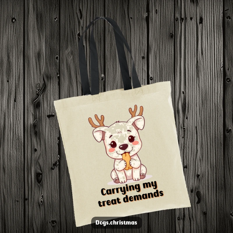 Funny kawaii dog wearing reindeer antlers, begging for treats, featured on a durable and stylish tote bag.