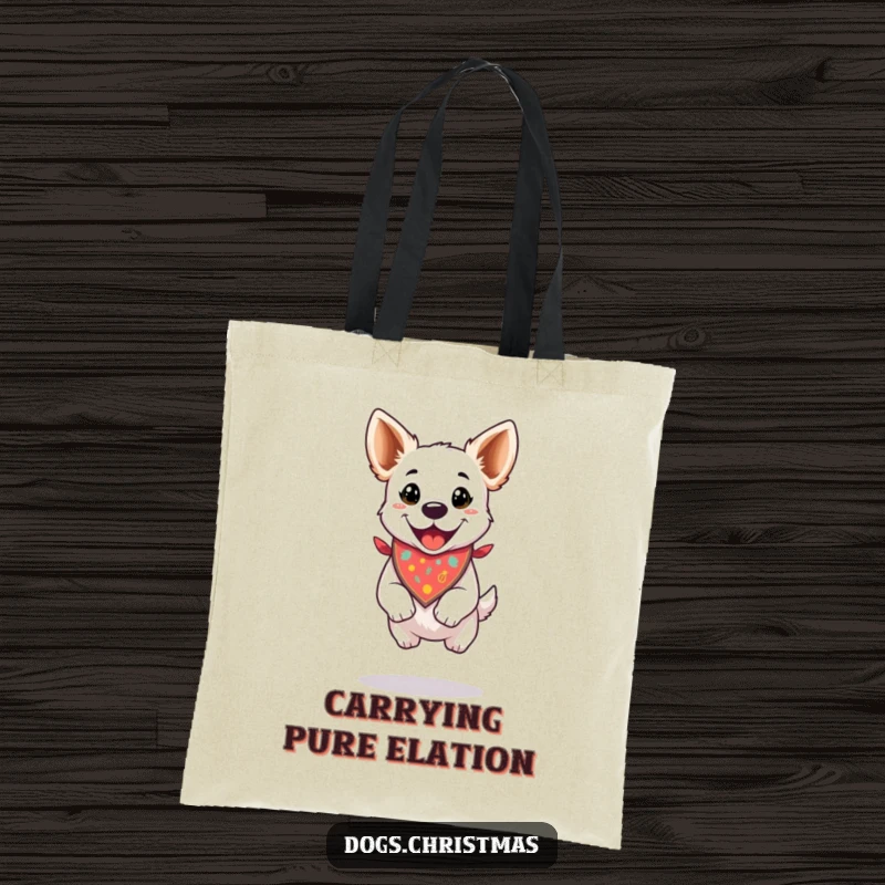 Funny tote bag showcasing a dog wearing a festive bandana, mid-leap with pure happiness.