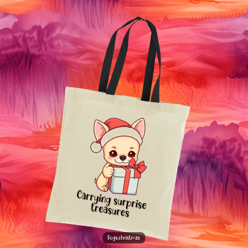 Funny kawaii chihuahua with a Santa hat curiously shaking a gift box, a cute and functional tote.