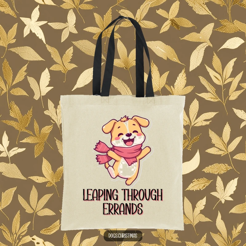 Funny dog tote bag, happy character wearing a scarf, doing a joyful leap, practical and cheerful.