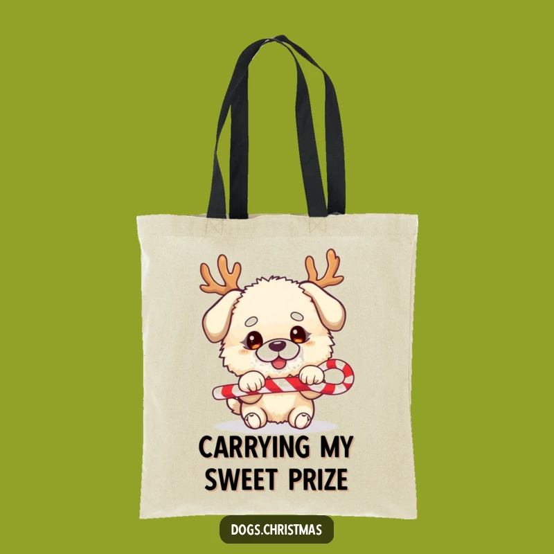 Charming Funny Festive Dog Tote Bag - Fluffy Antler Pup Candy Cane