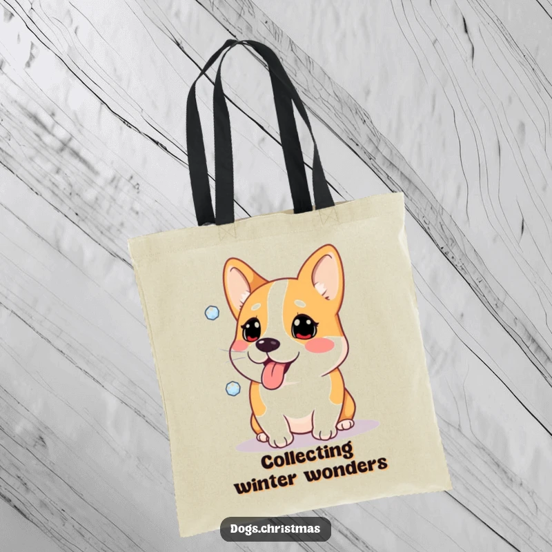 Funny tote bag showing a Corgi dog comically catching snowflakes on its tongue, ideal for winter outings.