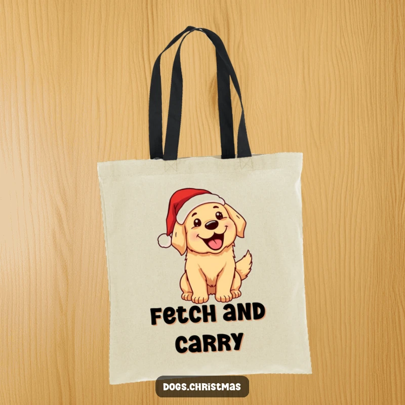 Funny, excited kawaii golden retriever in a Santa hat wagging its tail, mouth open, on a durable tote bag.