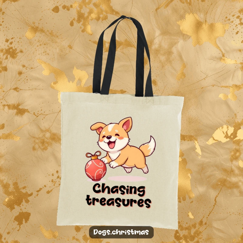 Funny kawaii dog chasing an ornament on a tote bag, festive accessory, cute pup design, ideal funny gift.