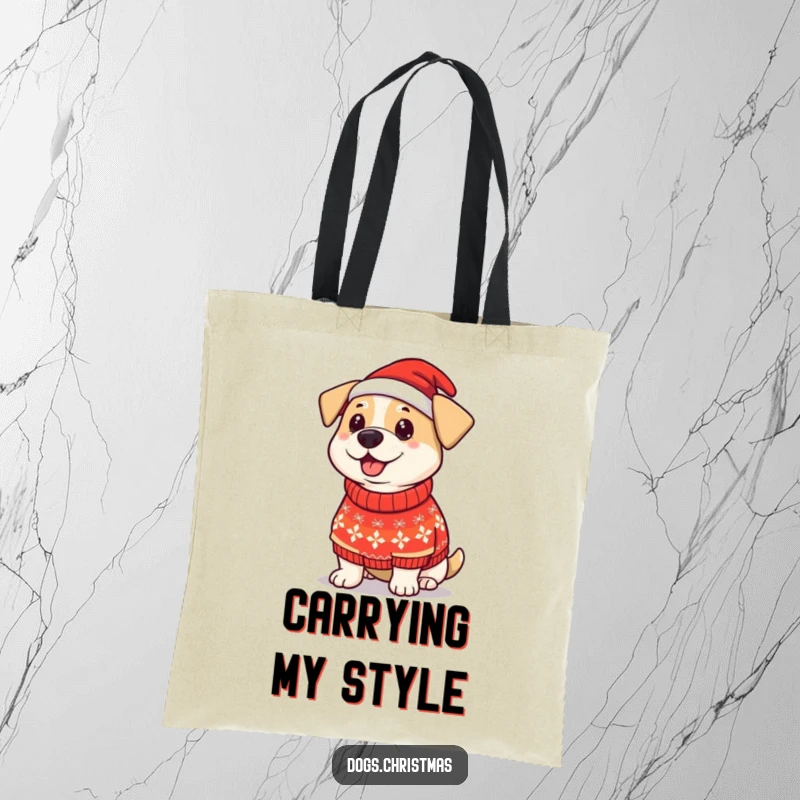 Funny Dog Christmas Sweater Tote Bag: A proud dog wears a silly Christmas sweater, a festive and humorous tote for holiday shopping.