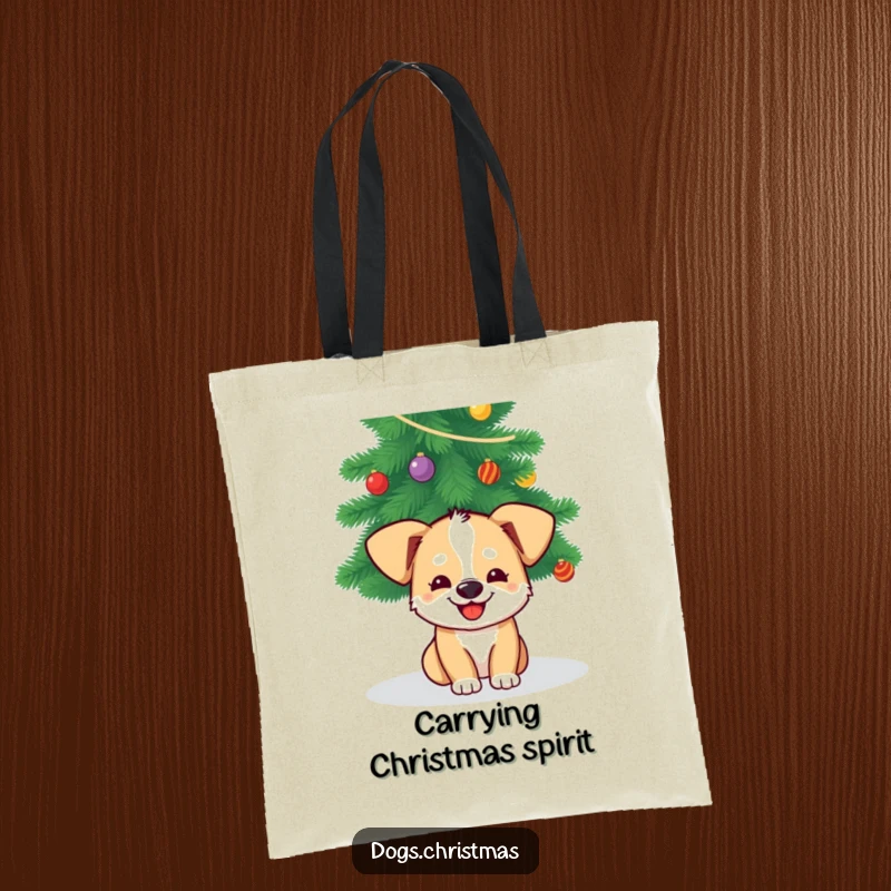 Funny Dog Christmas Tote Bag: A grinning dog peeks from under a Christmas tree, a festive and humorous tote for holiday errands.